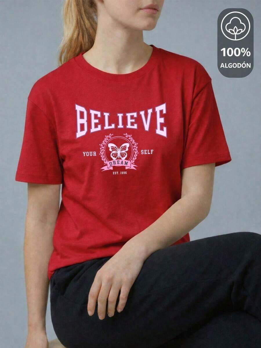 Soft Playera Estampada "100 % ALGODÓN" de Dama - "BELIEVE DREAM CLUB EDITION" TIENDAS KING SHENDY VENDY pattern - Rojo - Ver 1