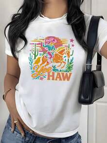 Camiseta con Estampado Gráfico de Vaquera Montando a Caballo, 180g, 1 Pieza, Estilo Western Rodeo, Casual para Mujer, 100% Algodón, Estilo Vintage - Blanco - Ver 9