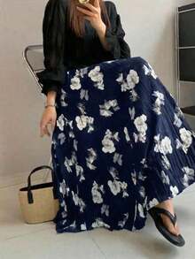 Falda de línea A con estampado floral para mujer, de moda, elegante, holgada, versátil y encantadora para vacaciones - Negro - Ver 10