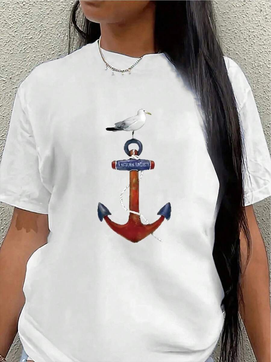 Camiseta de manga corta, ligera y duradera, con diseño de ancla y gaviota, es perfecta para salidas informales a la playa o a una cafetería, ofreciendo una experiencia de uso cómoda en el día a día, con el estampado sobre tela oscura.blusa casual mujer - Blanco - Ver 1