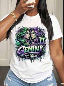 Camiseta de Mujer con Signo Zodiacal Géminis, Diseño de Gemelas con Cabello Verde y Morado, Estampado Gráfico Diferente para Uso Casual, Fiestas y Estilo Diario - Blanco - Ver 6