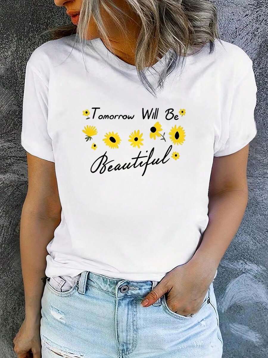 Women's Printed Short-Sleeved T-Shirt With Round Neck, Modern And Casual, Machine Washable, Comfortable Fit, 2D Flat Print, Casual 2D Blouses For Women. - 白色_08 - 查看 1