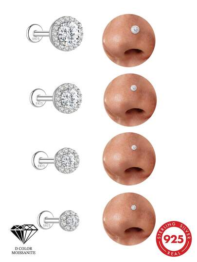 1 pieza Pendiente de plata de ley 925 con moissanita clásica de ajuste redondo para la nariz (2-5 mm) Pendiente hipoalergénico de plata pura de varios tamaños adecuado para mujeres para uso diario, citas, vacaciones, bodas, fiestas, regalo de vacaciones