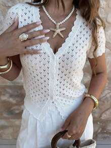 Just Masa Women's Casual And Elegant Summer Knit Blouse, Featuring A V-Neck, Ruffled Short Sleeves, Buttoned Waist And Elasticated Waist, With A Minimalist And Sweet Style, Suitable For Travel, Vacation, Work, The Beach, Dates And Everyday Wear, In White - 白色 - 查看 4