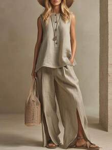 Conjunto femenino de un solo tono look refinado para uso diario - Camel - Ver 1