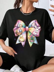Camiseta de Pascua con Diseño de Conejo, Pato y Huevos, Top Casual para Mujer, Camiseta Gráfica de Moda para Vacaciones de Primavera, Playera Holgada para Mujer - Negro - Ver 1
