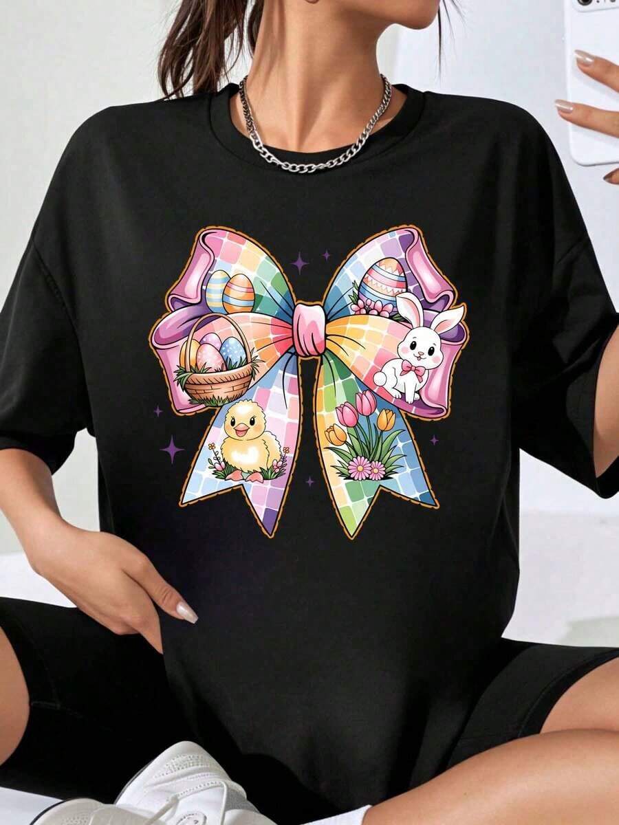 Camiseta de Pascua con Diseño de Conejo, Pato y Huevos, Top Casual para Mujer, Camiseta Gráfica de Moda para Vacaciones de Primavera, Playera Holgada para Mujer - Negro - Ver 1