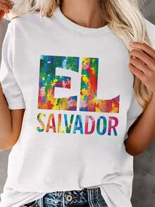 Playeras de Mujer de Algodón Oversize Moda 2026 EL SALVADOR Puzzle Camiseta Cómoda para Mujer, Suave y Sencilla para Uso Diario, Top de Manga Corta - Blanco - Ver 1