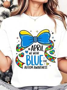 Women's Crew Neck T-Shirt With Blue Ribbon And Puzzle Piece Pattern. Wear Blue In April To Raise Awareness. Casual Printed T-Shirt For Spring And Summer Events. Loose Fit Women's T-Shirt (220g). - 白色 - 查看 7