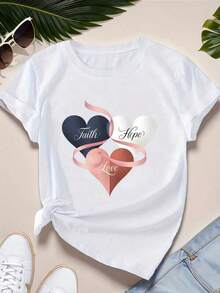 1 camiseta blanca para mujer con estampado de tres corazones, cuello redondo, camiseta casual de algodón, tejido de punto de elasticidad media, corte regular para damas, para primavera/verano/otoño. - Blanco - Ver 8