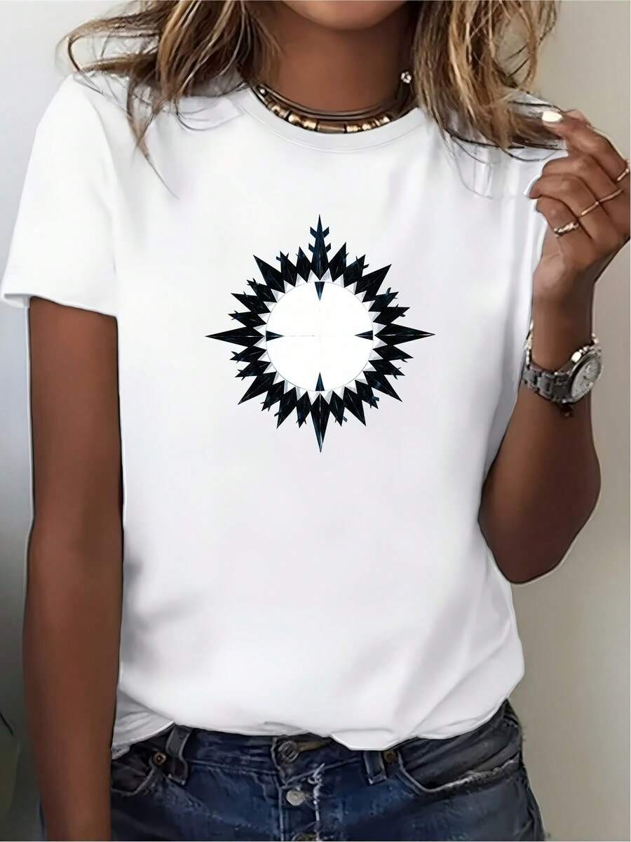 Camiseta suave de 180g con estampado geométrico de rayos de sol - perfecta para festivales de música de verano, reuniones familiares y eventos corporativos - un regalo ideal para amigos y familiares durante las vacaciones. - Blanco - Ver 1