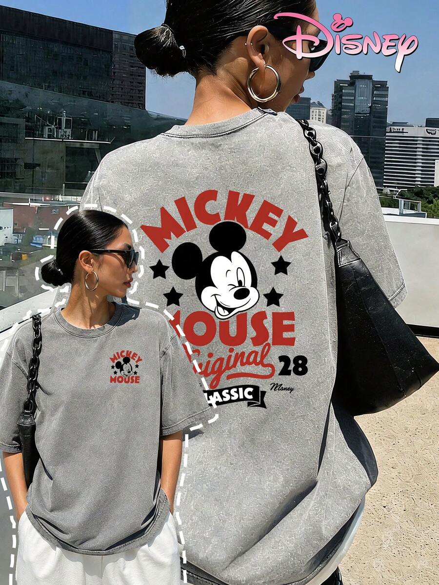 Disney Women's Washed Cotton T-Shirt, Classic Mickey Mouse 1928, Red And Black Retro Print, American Style With Double Graphic On The Front And Back, Suitable For Daily Commuting, Campus Wear, And Casual Street Style. - Xám - Xem 1