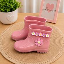 Galocha Infantil Menina Personalizada Flores Botinha Chuva Impermeável Bota Injetada Tratorada Confortável Macia - Rosa Bebê - Visão 2