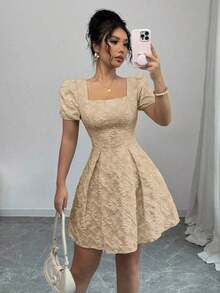 Women's Dress With Puff Sleeves And Square Neck, Fashionable For Summer - 酒紅色 - 查看 3