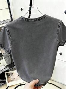 Camiseta de mujer de unicolor, cuello redondo, manga corta, casual, de verano - Multicolor 8 - Ver 2