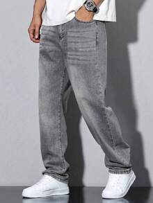 Tween Boys' Campus Fashion Denim Jeans, Casual Versatile Street Style Straight Leg Denim Pants - Grey - View 1