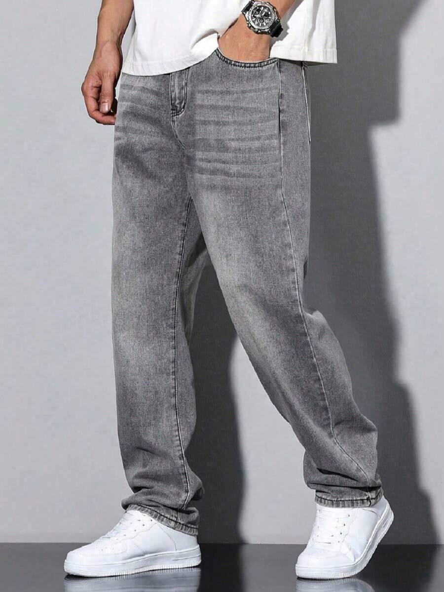 Tween Boys' Campus Fashion Denim Jeans, Casual Versatile Street Style Straight Leg Denim Pants - Grey - View 1
