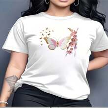 1 pieza de playera   corta 100% algodón, cuello redondo casual con estampado, mariposa floral Manga corta transpirable para uso diario - Blanco - Ver 2