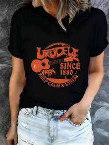 Camiseta de mujer con diseño de ukelele, elaborada desde 1880, hecha con tela cómoda, una opción para el verano. El diseño divertido y humorístico adecuado para entrenamientos y salidas informales, y apropiada para todas las estaciones. Con estampados modernos y tela duradera, también un regalo perfecto para las vacaciones. -Camiseta unisex de algodón, manga corta, cuello redondo, estilo vintage urbano. - Negro - Ver 1