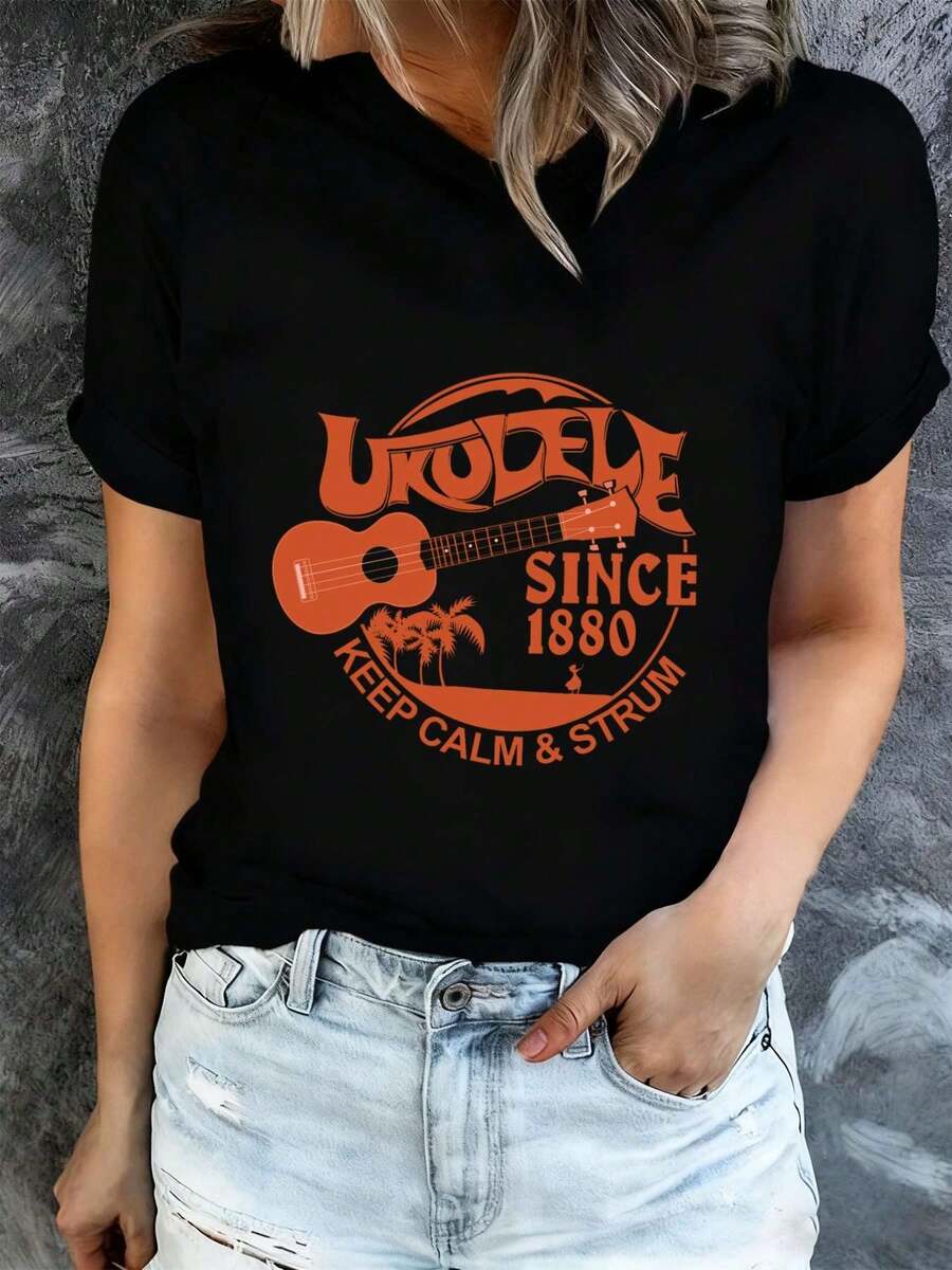 Camiseta de mujer con diseño de ukelele, elaborada desde 1880, hecha con tela cómoda, una opción para el verano. El diseño divertido y humorístico adecuado para entrenamientos y salidas informales, y apropiada para todas las estaciones. Con estampados modernos y tela duradera, también un regalo perfecto para las vacaciones. -Camiseta unisex de algodón, manga corta, cuello redondo, estilo vintage urbano. - Negro - Ver 1