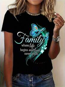 Camiseta de cuello redondo de corte holgado Wo - Estampado artístico de mariposa verde y frases inspiradoras sobre la familia, lavable a máquina, top casual de manga corta, cómoda para usar en todas las estaciones y para el día a día, ropa casual duradera, material transpirable, camiseta estampada, ropa fresca de verano para mujer. - Negro - Ver 1