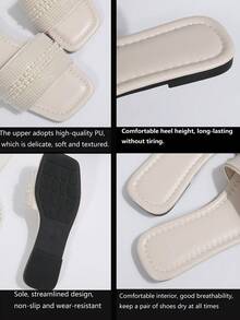 New Arrival Plus Size Luxury Anti-Slip Square Toe Mule Slippers With Rhinestone & Pearl Decor, Fashionable & Versatile For Beach & Resort Wear - Beige - View 6