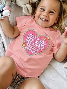 1pc Baby Girl Vintage Sweet T-Shirt, "Just A Girl Who Needs Her Little Snacky Snacks" Print, Short Sleeve, Soft & Comfortable Fabric, T-Shirt - Pink - View 7