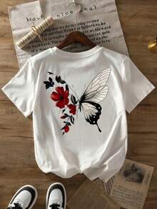 Camiseta con estampado gráfico, top casual de manga corta y cuello redondo para verano y primavera, ropa de mujer - Blanco - Ver 1