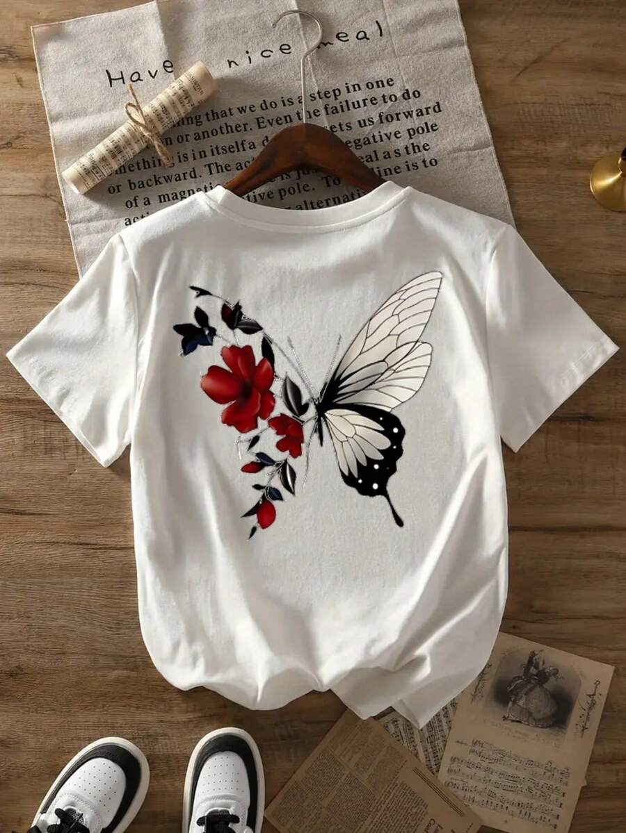 Camiseta con estampado gráfico, top casual de manga corta y cuello redondo para verano y primavera, ropa de mujer - Blanco - Ver 1