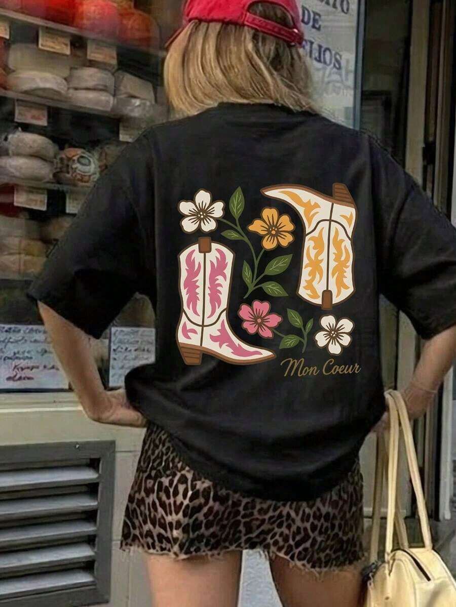 Nueva llegada de verano: Camiseta minimalista de manga corta con cuello redondo y estampado floral, ropa casual versátil y a la moda para mujer, estilo vintage urbano, unisex, holgada, de algodón, con cuello redondo y manga corta. Blusas para mujer. blusas.blusas casuales para dama. - Negro - Ver 1