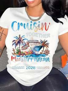 "Cruisin Together" Casual T-Shirt With Mediterranean Cruise Ship, Palm Trees And Ocean Design, Summer Vacation Travel Souvenir For Beach Getaways And Holiday Celebrations, For Women. - 白色 - 查看 6