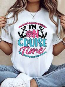Camiseta con diseño de ancla náutica y timón de barco "I M On Cruise Time" para mujer, ideal para vacaciones de verano, viajes, fiestas de crucero, regalo, 220g - Estilo vintage urbano, unisex, holgada, de algodón, manga corta, cuello redondo, 100% algodón. - Blanco - Ver 7