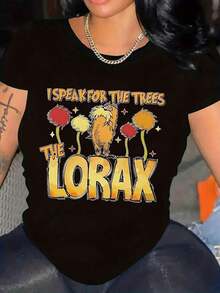 Camiseta única y divertida inspirada en el Lorax con el mensaje "I Speak For The Trees" perfecta para los amantes del medio ambiente y la moda y2k ideal para cualquier ocasión resalta tu estilo y compromiso con la naturaleza en cada detalle - Negro - Ver 1