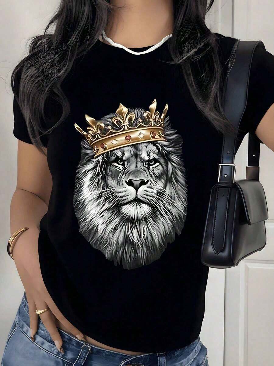 Majestic Crowned Lion Graphic Print T-Shirt, 180g, 1 Piece, Women's Casual Style, 100% Cotton, Streetwear Style - 黑色 - 查看 1