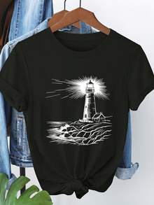 Una camiseta de manga corta para mujer, moderna, a la moda, retro, casual y holgada, adecuada para actividades al aire libre en primavera y verano, con un estampado de un gran faro por toda la prenda.Camiseta de manga corta 7729.blusas para mujer,blusas casuales para dama,tops,, mujer premium,y2k,playeras de mujer curvy,ofertas y liquidaciones ropa mujer,playeras deportivas para mujer,,playeras de hombre, mujer,blusas>elegante GOTW - Negro - Ver 8
