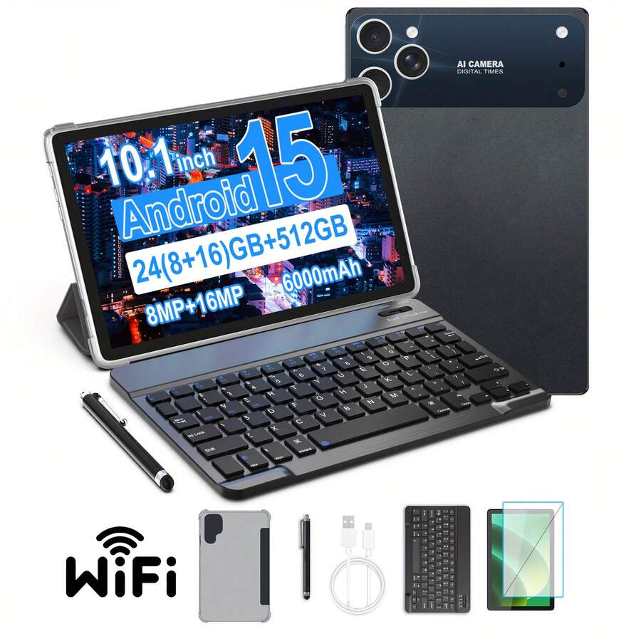 SOYES Android 15.0 2-in-1 Tablet, 24 GB RAM + 512 GB ROM (erweiterbar auf 1 TB), 10,1-Zoll-Display, optionale Tastatur, Schutzhülle und Stift. Angetrieben von einem leistungsstarken Quad-Core-Prozessor, erhältlich in 3 Konfigurationen.
