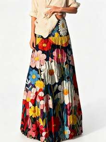 Elegant Women's Long Flared Skirt With Ruffle Details And 3D Rose Print, Made Of Polyester Fabric Vacation - Multicolor - View 6