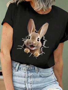 Camiseta de mujer casual, sencilla, con estampado de conejo [Pascua], cuello redondo, manga corta, simple y elegante. - Negro - Ver 7