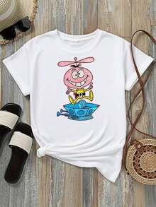 Camiseta de Mujer Casual de Corte Holgado, Opciones en Blanco y Negro, Estampado de Personajes de Dibujos Animados, Camisetas Gráficas para Uso Diario, Tops de Verano, Camisetas Gráficas, Conjuntos de Verano para Mujer, Camisetas Cortas para Mujer, Camisetas Vintage de Algodón, Ropa Linda para Mujer, Playera Holgada para Mujer - Blanco - Ver 2