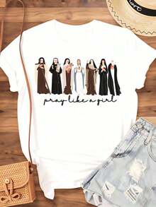 1 camiseta "Pray Like A Girl" para mujer, camiseta religiosa cristiana con diseño de personajes bíblicos para culto en la iglesia y uso diario, 180g 100% algodón. - Blanco - Ver 3