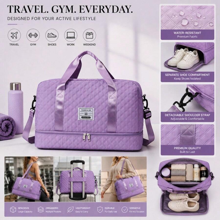 Travel Duffel Bag,Sports Tote Gym Bag,Shoulder Weekender Overnight Bag For Women - 紫羅蘭色 - 查看 1