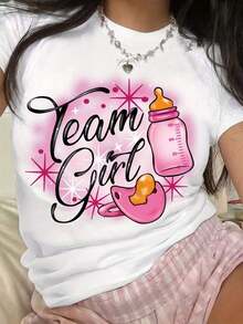 Cute T-Shirt For Gender Reveal Party, Baby Shower, For Women, For Valentine's Day, Made Of Heavyweight 220g Pure Cotton, Round Neck, Casual (1 Piece) Casual Blouse Women's Cotton T-Shirts - 白色 - 查看 11