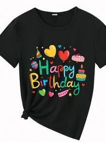 Simple And Versatile Design, One-Piece T-Shirt For Summer And Autumn With Round Neck - Party Print With Birthday Cake And Balloons, Women's Round Neck T-Shirt, Autumn Clothing Suitable For Running And Sports, Fashionable, Elegant, Unique, Fun, Elegant Dress For Parties, Graduations, Y2K Style, Unisex Set For Couples, Set For Sisters, Suitable For Gifts, Cotton T-Shirt. - 黑色 - 查看 2