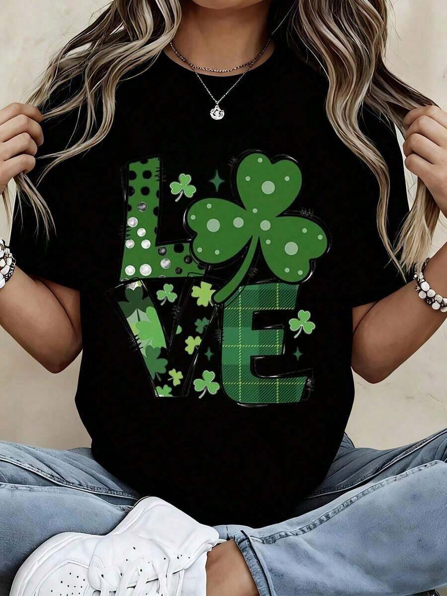 Camiseta de Cuello Redondo TrendyWomen con Estampado de Trébol de San Patricio, Manga Corta, para Celebración del Día de San Patricio, Uso Casual y Diario - Negro - Ver 1