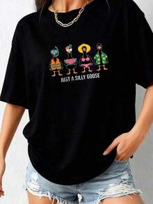 1 pieza de camiseta de manga larga para mujer - Camiseta suave y elástica para uso diario con estampado de ganso gracioso, cuello redondo, estilo casual para otoño e invierno, oficina, fiesta, descanso - Tallas S-XL - Camiseta con estampado de animales, 180g Algodón 100% - Negro 3 - Ver 10