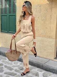 Frenchy 2 piezas Conjunto de top de tirantes bordado y pantalones casuales versátiles para vacaciones de mujer - Marrón - Ver 5