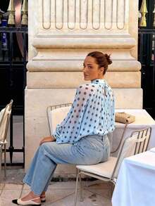 Fashionable Women's Shirt – Elegant And Casual – Sky Blue Polka Dot Print – Bow Tie, Lantern Sleeves, Loose Fit, Pleated And Semi-Sheer – Perfect For Summer - 軍綠色 - 查看 4
