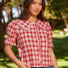 Camisa abotonada con cuello de volantes, mangas cortas de pétalo y bordado floral en estilo campestre country - Verde - Ver 4