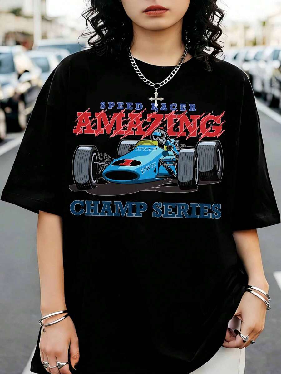Fan T-Shirt With Retro F1 Car Print From The Speed Racer Amazing Champ Series - Black - View 1