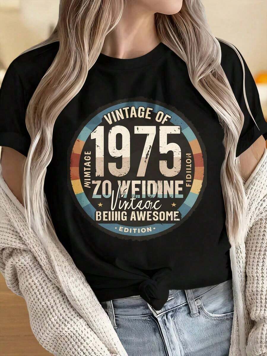 Camisetas para Mujer y Hombre con Cuello Redondo y Mangas Cortas, Edición Vintage de 1975, 50 Años de Genialidad, Camiseta para Mujer, Regalo de Cumpleaños, Camiseta de Cumpleaños de 1975, Regalo de 50 Aniversario para Ella, Estilo Retro, Camiseta Unisex, Estampados Divertidos, Adecuada para Fiestas de Navidad, Actividades Deportivas, Fiestas de Vacaciones, Salidas, Deportes y Otros Regalos Festivos. - Negro - Ver 1